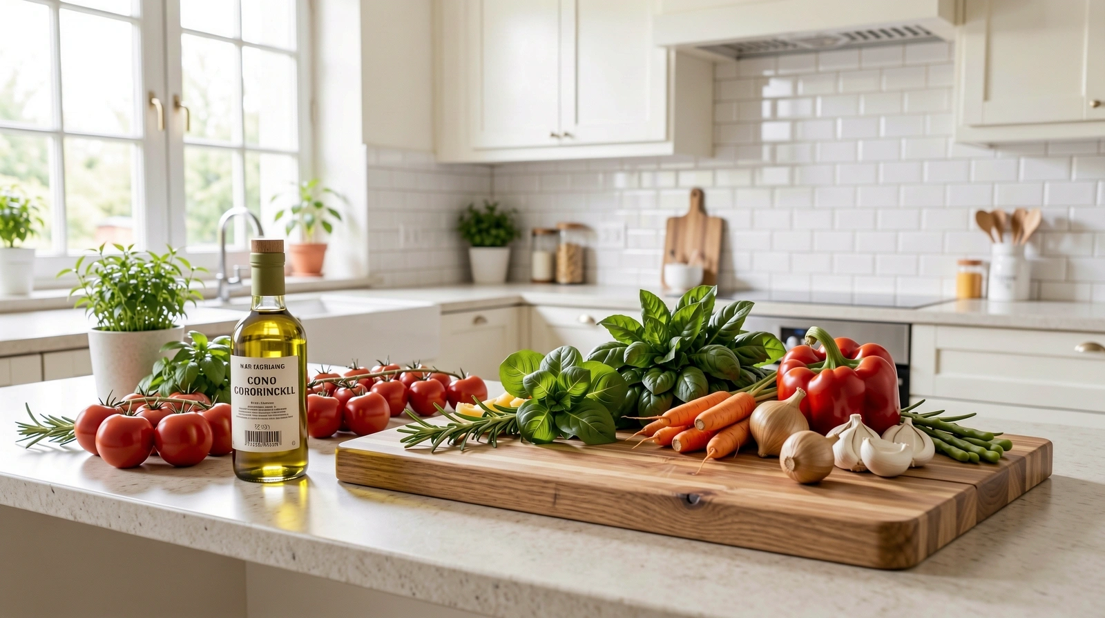 Frische gesunde Zutaten in einer hellen Küche
